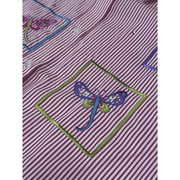 Vintage The Quacker Factory M Red White Stripe Dragonflies Short Sleeve Shirt - Picture 7 of 11